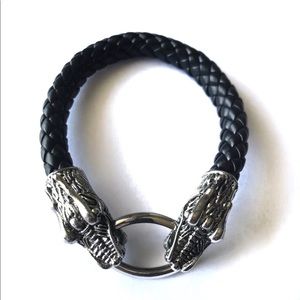 Dragon Head Black Leather Bracelet Cuff Unisex
